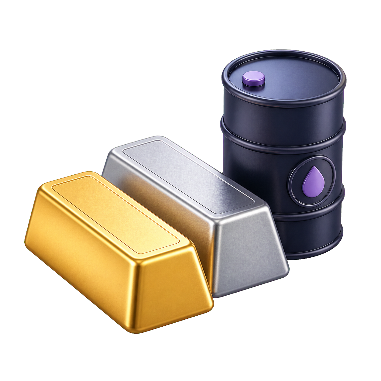 3D gold, silver, and oil assets representing commodities