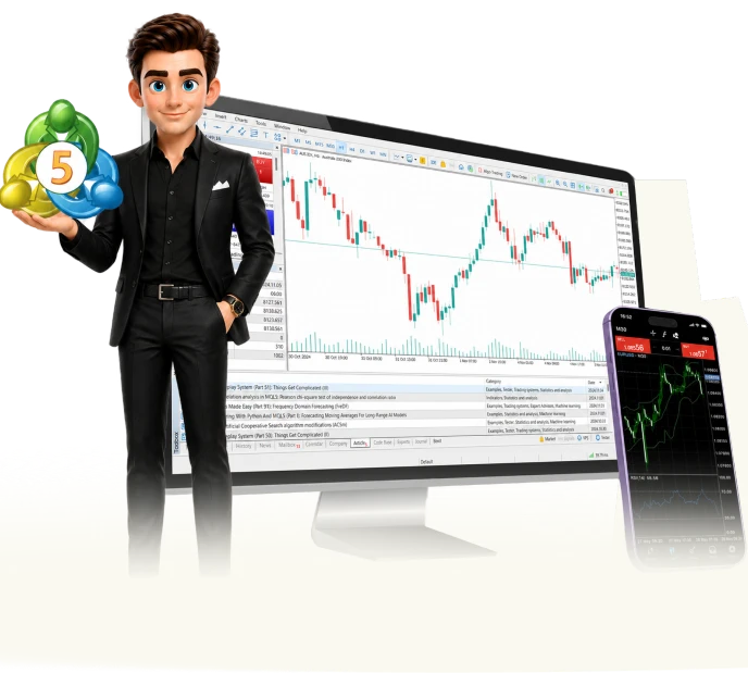 MetaTrader 5 platform shown on desktop monitor with character and mobile device